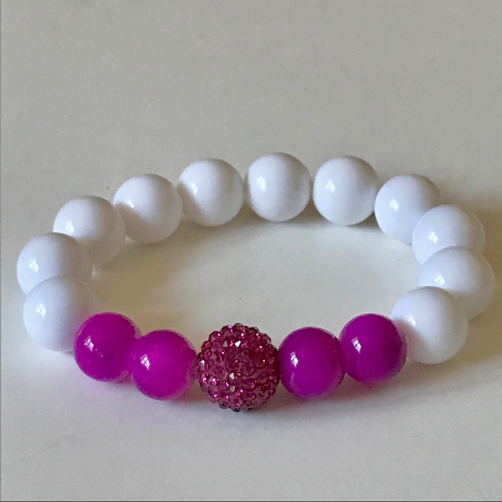 Handmade Glass Bead Bracelet hot pink, white